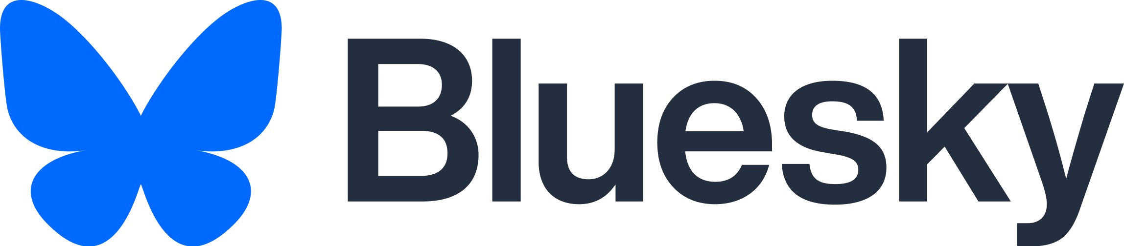 Blue butterfly logo, black san serif text